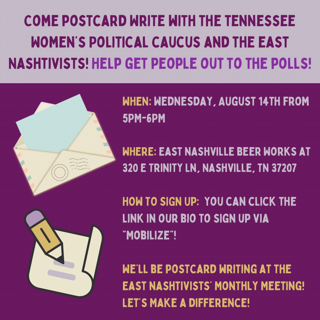 NWPCTN's tweet photo. 🚨Mark Those Calendars! We have 2 postcard writing events this week! At these events you’ll be able to write to unregistered voters! Our postcard writing events with the East Nashtivists and Emerge Her will be held on Wednesday and Thursday! We hope to see you all there! ✍🏻📮📫 https://t.co/tlIaysSId5