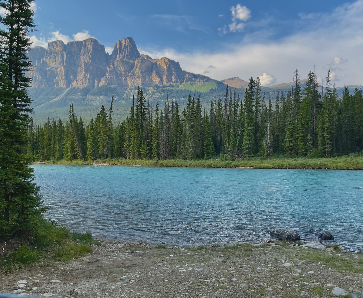 Writer_Alice's tweet image. Walked along the Bow River in Banff National Park, taking in the dramatic cliffs of Castle Mountain.
