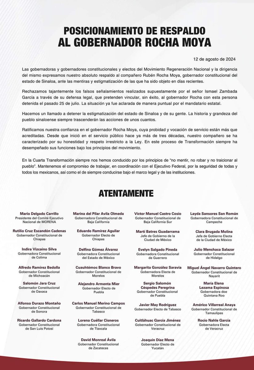 Las y los morenista apoyamos al Dr <a href="/rochamoya_/">Rubén Rocha Moya</a> en esta embestida de la derecha para tratar de incidir en la opinión, sin embargo les digo, no somos iguales, nosotros estamos contra la corrupción y nos manejamos con transparencia, trabajamos por el bienestar d las y los mexicanos