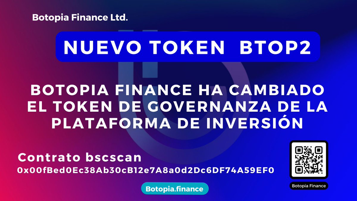 BotopiaFinance's tweet image. 🟣🔵⚪ COMUNICADO BOTOPIA FINANCE LTD.

@BOTOPIAFINANCE ha cambiado el token de governanaza de la plataforma de inversión. De BTOP a BTOP2 

Tokens enviados a holders con más de 100 BTOP. La informacion de holder de BTOP es del dia 19/07/2024 a las 9:59 de la mañana.

Por parte…