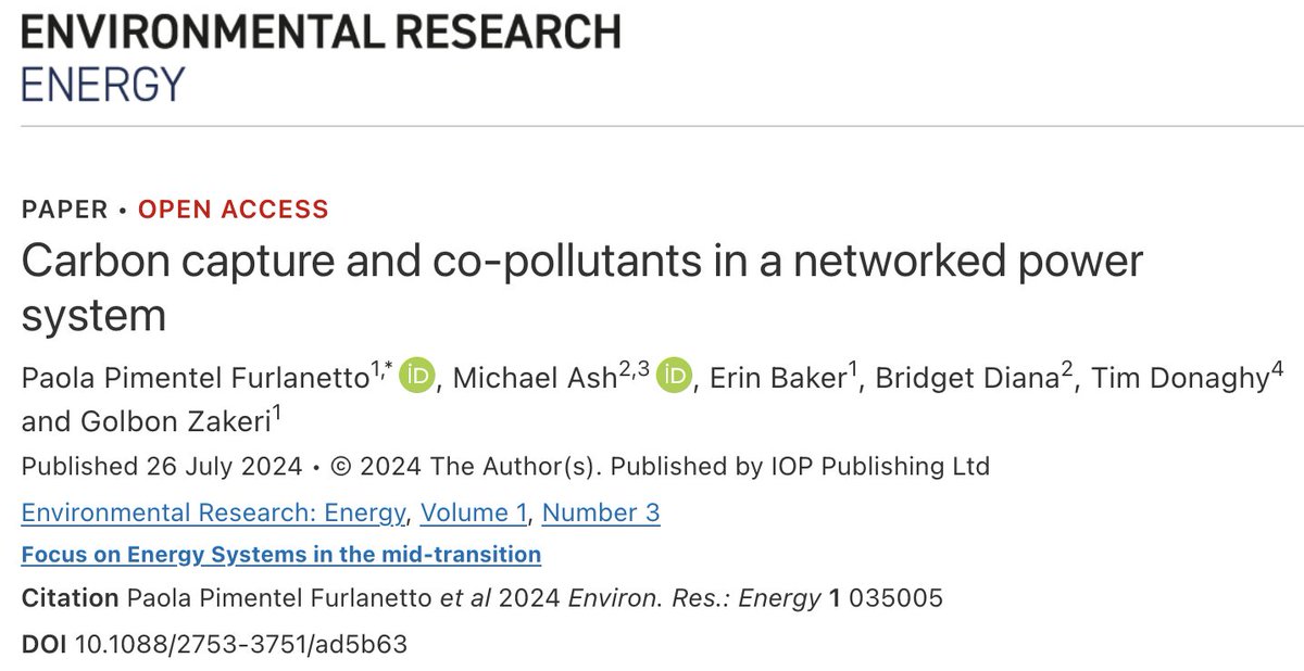 We are pleased to announce a new paper from <a href="/ppfurlanetto/">Paola Furlanetto</a> <a href="/ErinBakerEnergy/">Erin Baker</a> @michaelaoash and others. We investigate the potential impacts of carbon capture (CC) on air quality. A short thread 1/x

iopscience.iop.org/article/10.108…