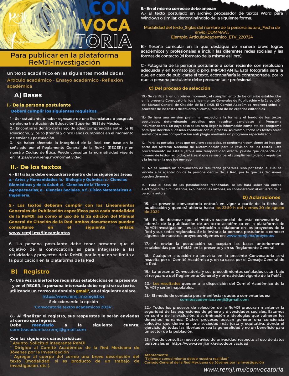 ReMJI_mx's tweet photo. 📢 #CONVOCATORIA 2024 para publicar un texto académico en la plataforma ReMJI-Investigación y ser parte de la Red Mexicana de Jóvenes por la Investigación. 
👥 Jóvenes de 18 a 35 años 
👉 📄 Consulta las bases en: https://t.co/fmbbitbo0H
📆 Tienes hasta el 30 de agosto. https://t.co/TKtyKGWD2l