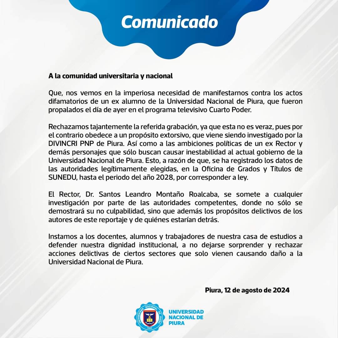 Noticias360Peru's tweet image. Agentes de la Dirección Contra la #Corrupción de la Policía Nacional y un equipo de fiscales realizan diligencia en el rectorado de la Universidad Nacional de #Piura. El #rector #SantosMontaño no estaba en su oficina. En un cuestionable comunicado, la autoridad niega lo evidente.