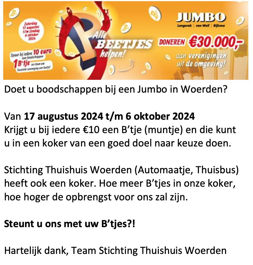 Vanaf zaterdag kunt u ook Stichting Thuishuis Woerden steunen bij 1 van de Jumbo’s in Woerden. Lees hieronder hoe het werkt 😃🙋🏻‍♀️