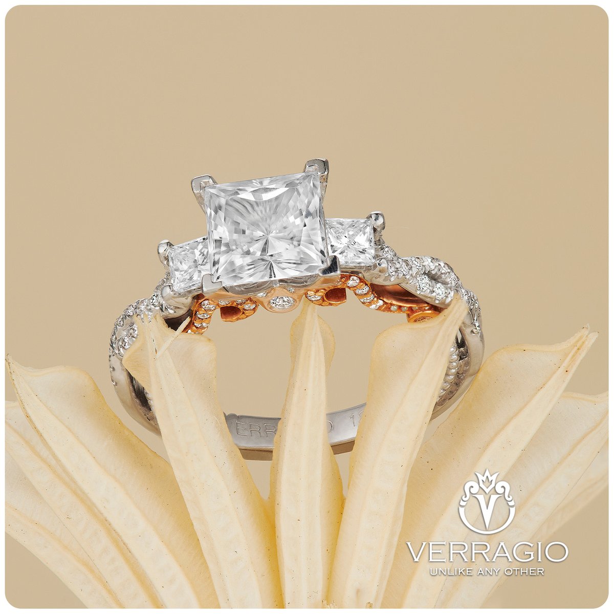 Celebrate a lifetime of love with our three-stone engagement ring, featuring a princess-cut diamond and a diamond-braided band in two-tone gold. Perfect for your unique style, whether you're about to get engaged or already are. 💖

💍: Insignia-7074P-2T

#Verragio #EngagementRing