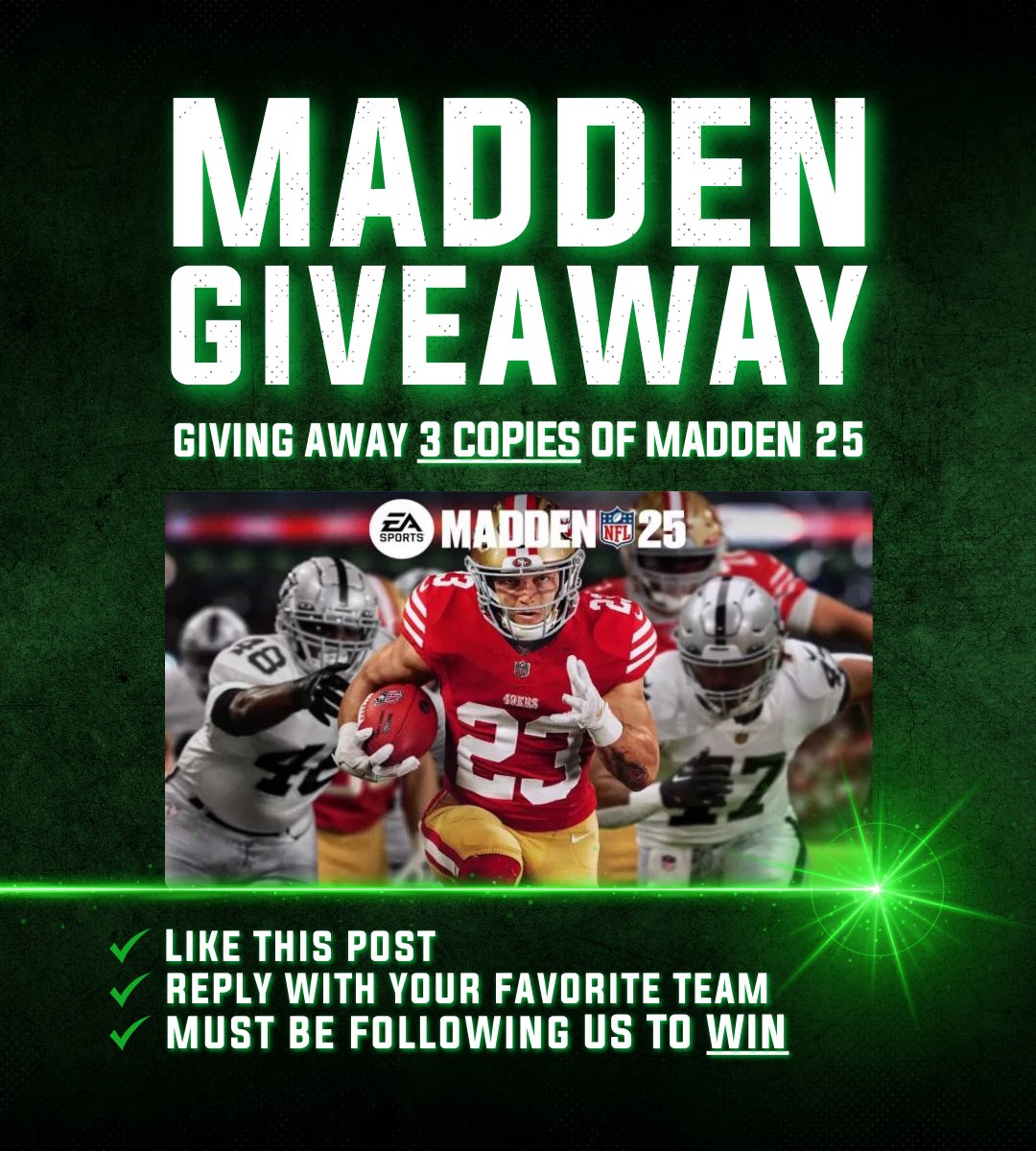 🚨GIVEAWAY TIME🚨

DubClub is giving away THREE copies of Madden 25‼️

LIKE this post and REPLY with your favorite NFL team 🔥

MUST be following <a href="/DubClub_win/">DubClub</a> to enter