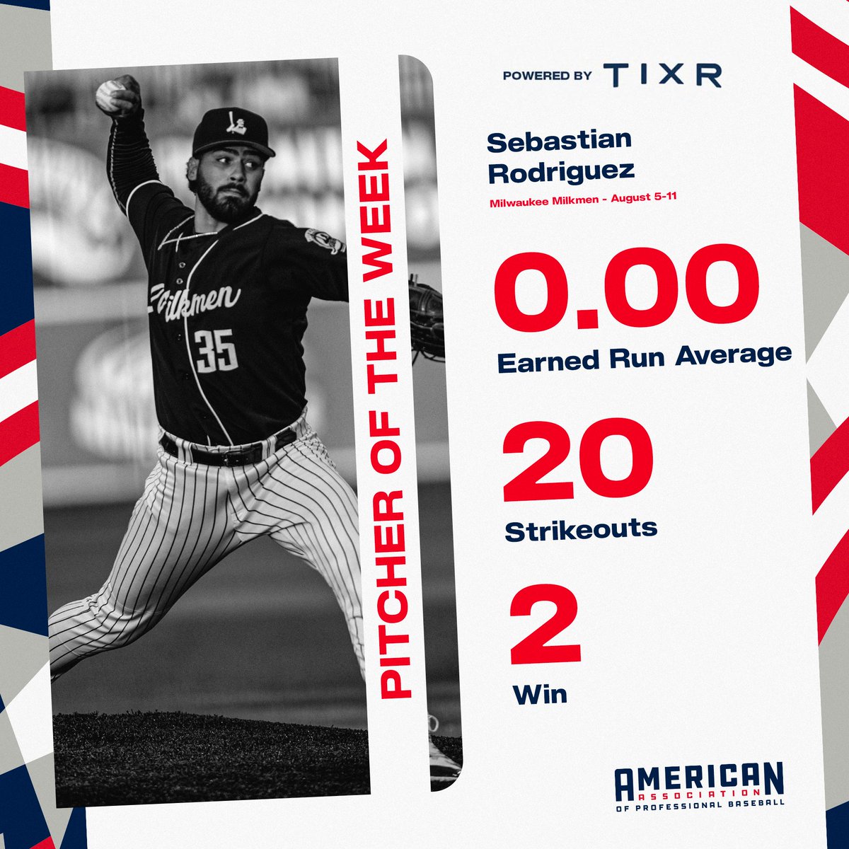 AA_Baseball's tweet photo. Sebastian Rodriguez lead the way with 20 Ks &amp; Jacob Teter picks up his 3rd weekly award 🏆

#WePlayToWin | @MKEMilkmen | @TheChicagoDogs https://t.co/FKteVxSALy
