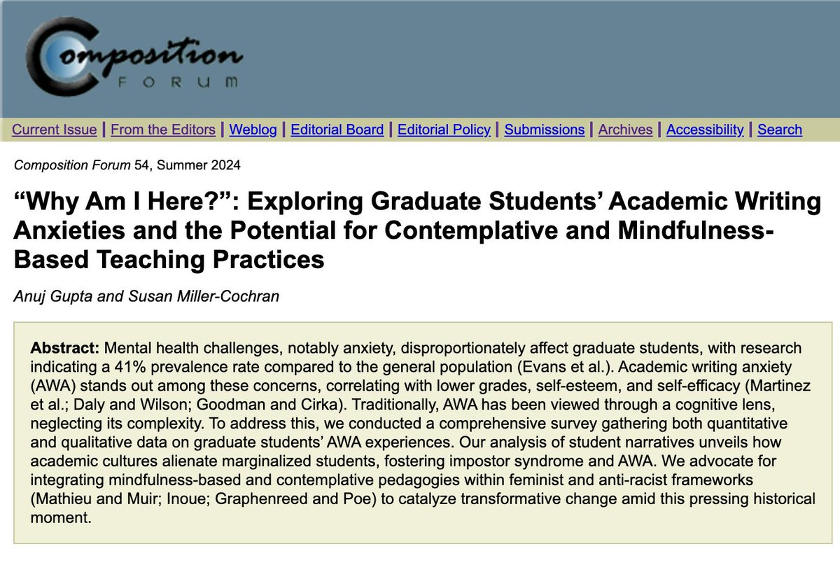 🚨Publication Alert 🚨
“Why Am I Here?”: Exploring Graduate Students’ Academic Writing Anxieties and the Potential for Contemplative and Mindfulness-Based Teaching Practices. Read the open-access study at <a href="/Comp_Forum/">Composition Forum</a>:
compositionforum.com/issue/54/acade…
#AcademicTwitter #TeamRhetoric (1/n)