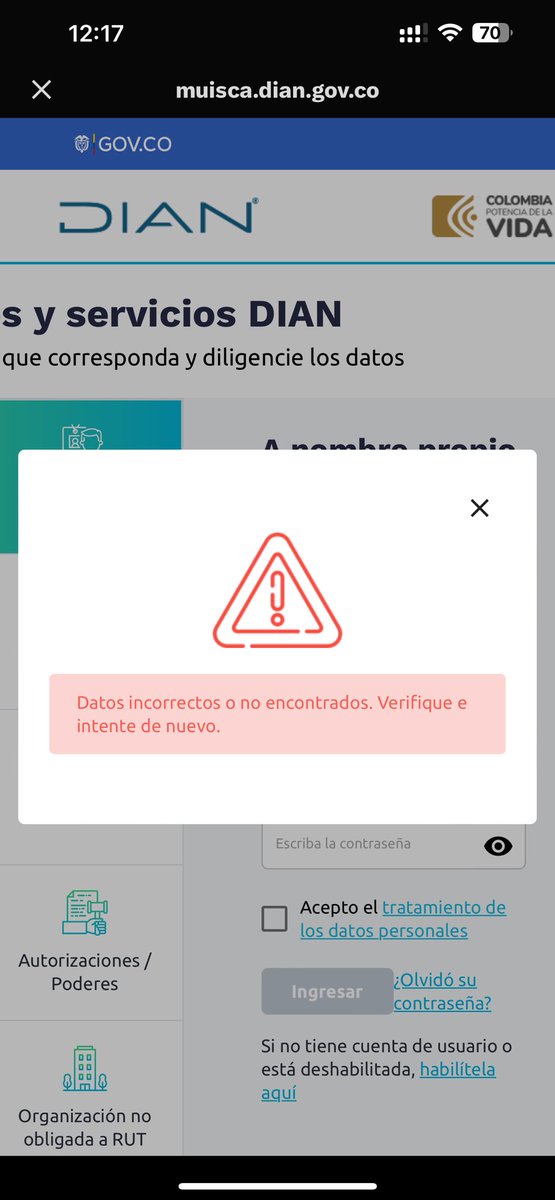 JossLaz's tweet photo. @DIANColombia La misma cosa , otro error. En el link de la página me deja acceder con usuario y contraseña pero indica error Bad Request , en este nuevo link dice que no existo. Vamos mal. https://t.co/YZaAAEU3Il