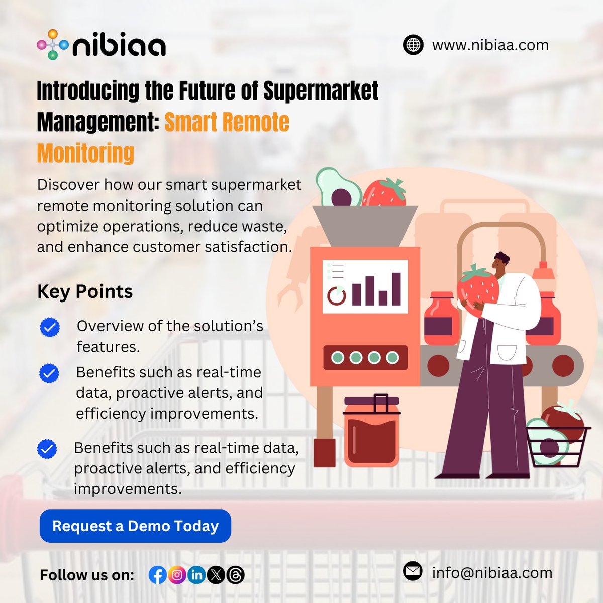 Optimize operations, reduce waste, and enhance customer satisfaction with our smart remote monitoring solution. Request a demo today! calendly.com/nibiaa-sales/o… #SmartSupermarket #RetailTech #RemoteMonitoring #WasteReduction #FutureTech #IoT #SmartSolutions #Efficiency #Innovation