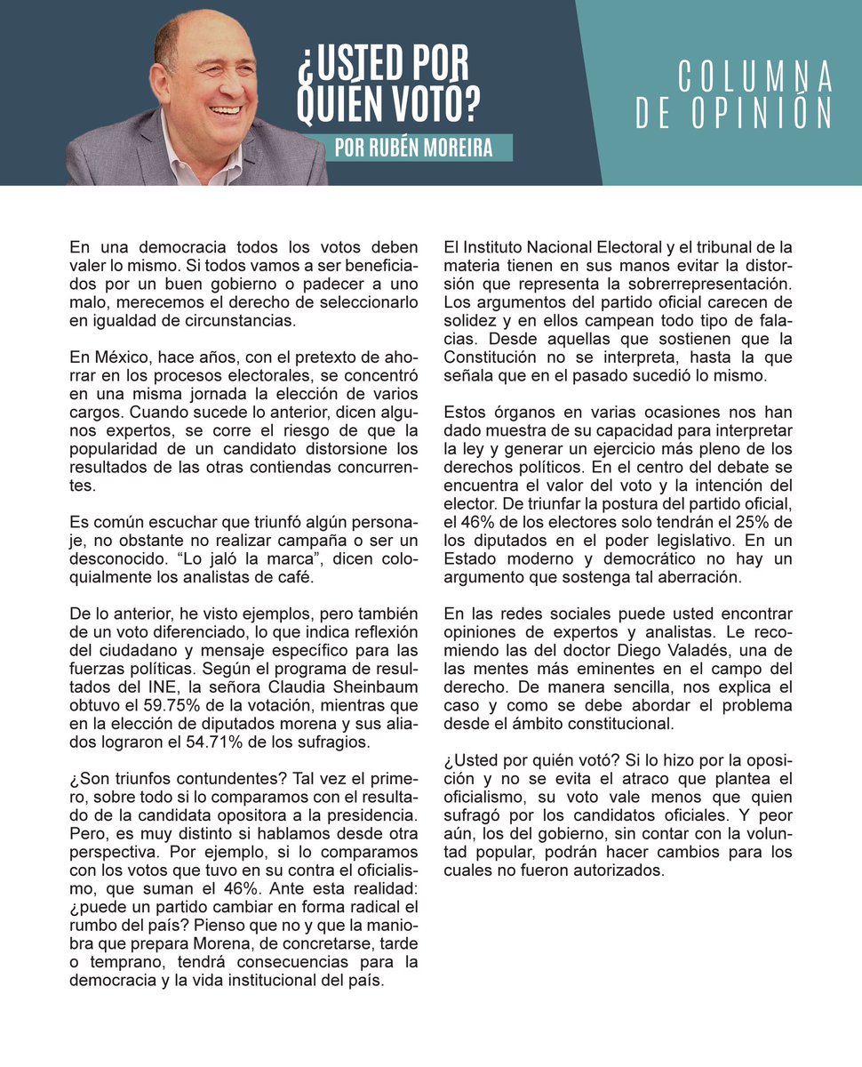 rubenmoreiravdz's tweet photo. “De triunfar la postura del partido oficial, el 46 por ciento de los electores solo tendrá el 25 por ciento de los diputados en el Poder Legislativo”.

Les dejo mi columna “¿Usted por quién votó?” Espero sus comentarios. 

▪️ https://t.co/CzPRtdSa8W

▪️ https://t.co/v6A2lKMmho

▪️ https://t.co/tn5KgvZ1IH