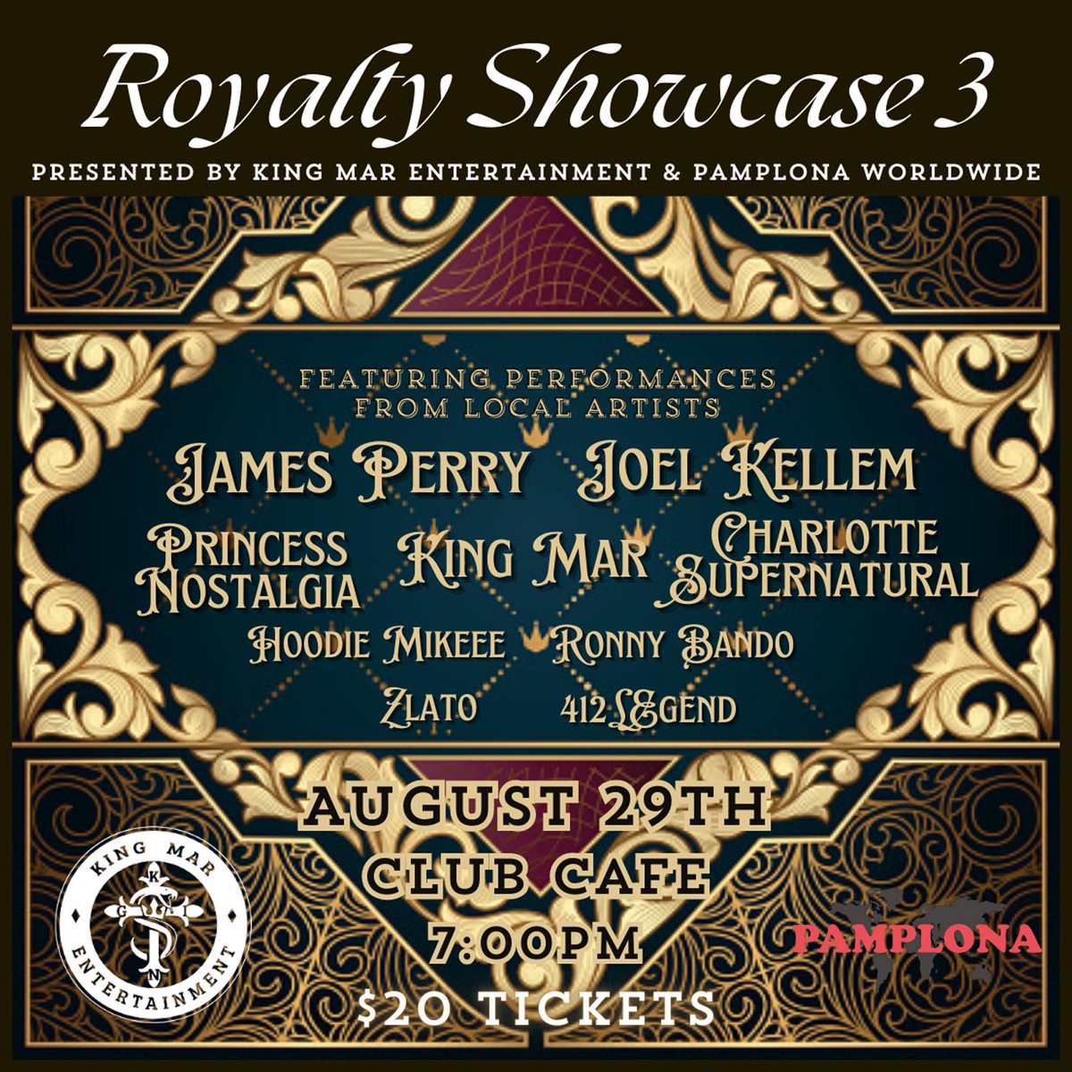 opusoneprod's tweet photo. 📣🗓 NEW SHOW 🗓📣

@ClubCafeLive | 08/29 | #KingMarEntertainment, #PAMPLONA and @opusoneprod Presents: #RoyaltyShowcase3 Feat. #JamesPerry, @princessnostalgia, #JoelKellem, #CharlotteSupernatural, #KingMa, #HoodieMikeee, #412Legend, #Zlato &amp; #RonnyBando ! https://t.co/N53Dm3oURu