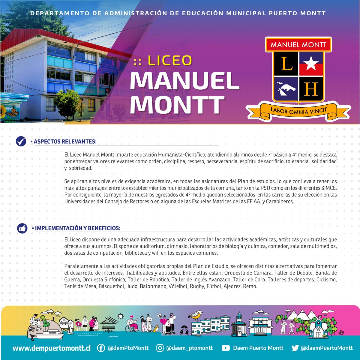 🌟 ¡Impulsa el futuro con la Educación Científica Humanista en el Liceo Manuel Montt! 🌟

Con más de 150 años de historia, el Liceo Manuel Montt ha sido un pilar en la formación de niños y jóvenes puertomontinos, ofreciendo una educación laica, pluralista y republicana. 🏛️📚✨
