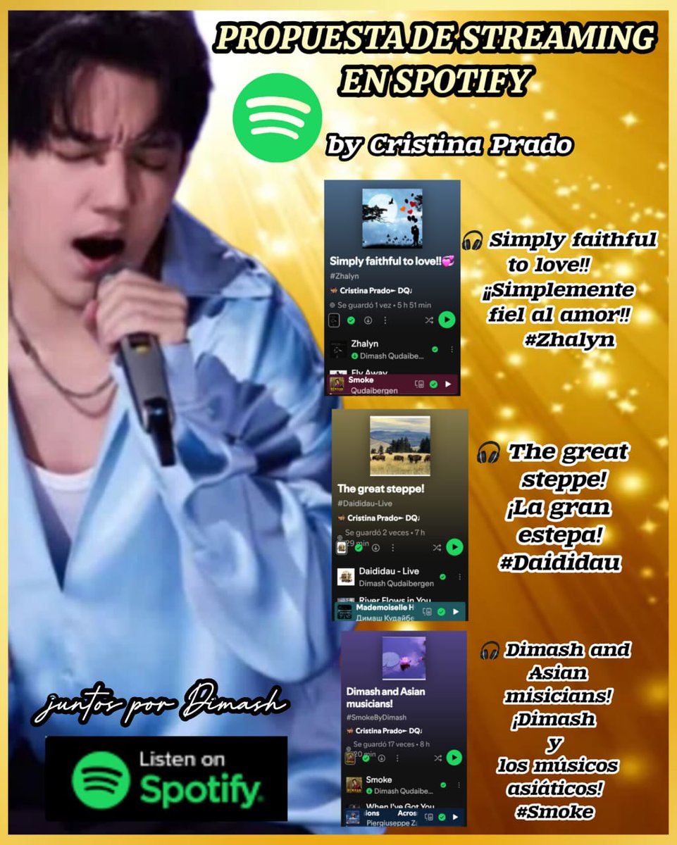 juntosxdimash's tweet image. Dears:
Streaming en SPOTIFY 
3 playlists 
cr. Cristina Prado
Faithful To Love
#Zhalyn 
open.spotify.com/playlist/796OP…
The Great Steppe 
#Daididau 
open.spotify.com/playlist/749Uu…
Dimash And Asian Musicians
#Smoke 
open.spotify.com/playlist/1kSWH…
Contabiliza × mes a sus seguidores según su audiencia🎶