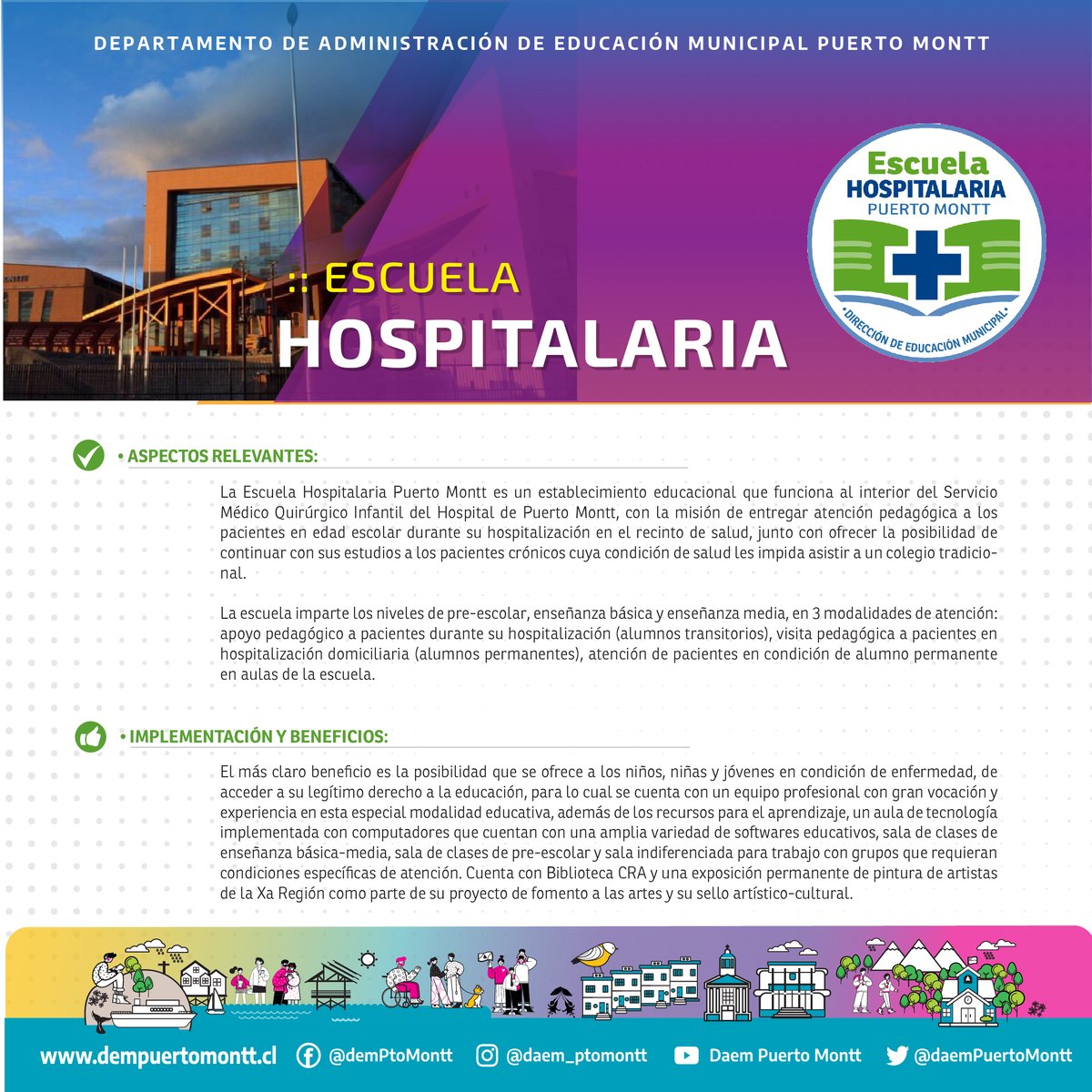 🌟 ¡Conoce la Escuela Hospitalaria en Puerto Montt! 🌟

En la Escuela Hospitalaria, ofrecemos una educación científico-humanista única, especialmente diseñada para estudiantes en tratamiento médico. 🏥📚✨

En Puerto Montt, "Tod@s Somos Educación" 📚❤️

#PuertoMontt