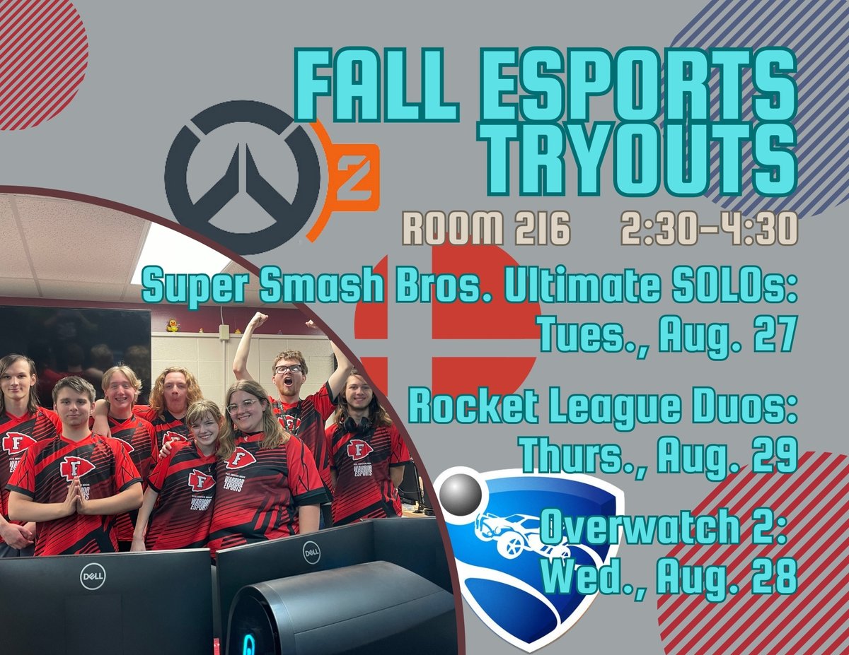Fall Tryouts 

SSBU Solos 8/27 2:30-4:30
Overwatch 2 8/28 2:30-4:30
Rocket League 2s 8/29 2:30-4:30