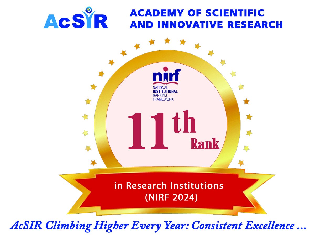 AcSIR_India's tweet image. AcSIR on a Stellar Rise! 

We&apos;re ecstatic to share that AcSIR has achieved 11th position in the NIRF Ranking 2024  (Research Institutions).
This isn&apos;t just a rank; it&apos;s a testament to  relentless pursuit of knowledge and innovation. From #22nd rank in 2021 to #11th rank in 2024,…