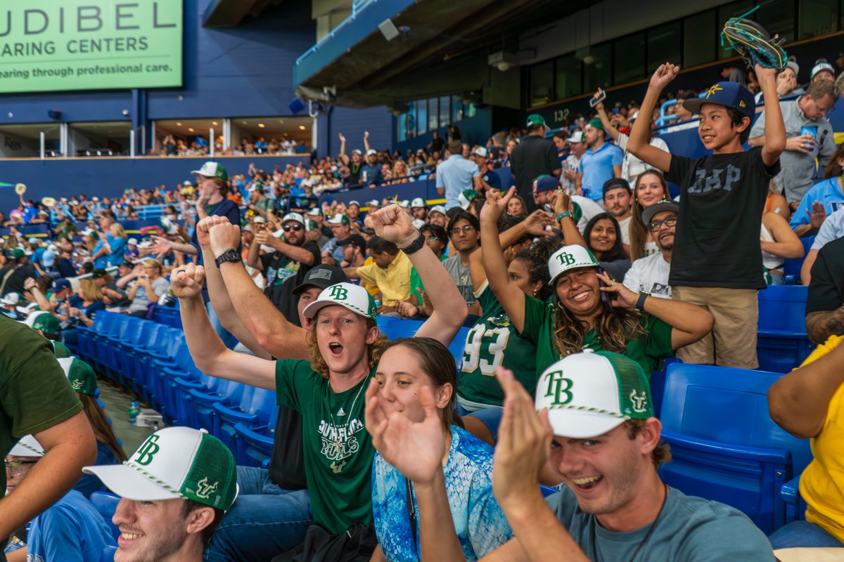 USFalumniAssn's tweet photo. Bulls and baseball! It was incredible to see so many USF hats and smiling faces this past Saturday at USF Day with the @RaysBaseball. A huge thank you to everyone who came out to make it a memorable day. Go Bulls! #BullStrong 🤘⚾💚 https://t.co/mU5io9j7Hl