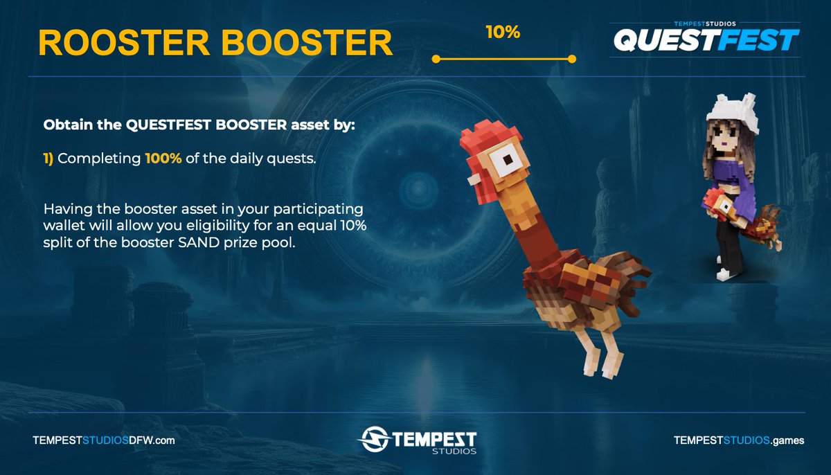 Trying to get your hands on our exclusive ROOSTER BOOSTER asset? (Which also yields you EVEN MORE SAND reward?)

Make sure you are completing your daily quests for #TEMPESTquestfest. You still have time! <a href="/TheSandboxGame/">The Sandbox</a> <a href="/TSBCreators/">The Sandbox Creators</a> 

zealy.io/c/tempeststudi…