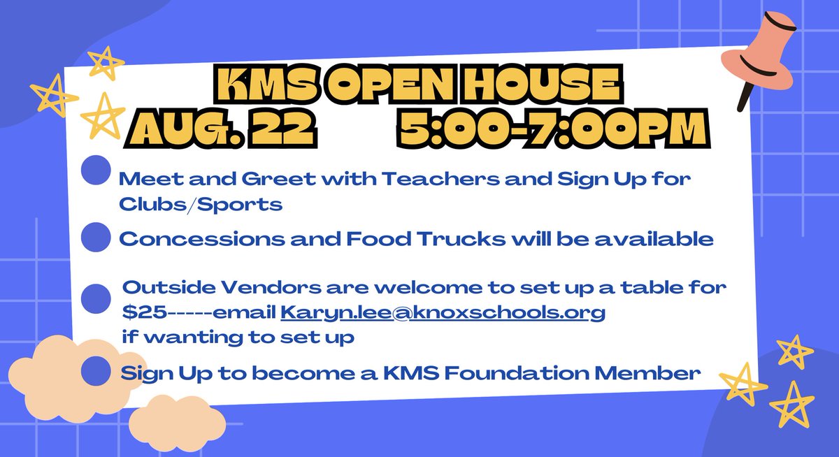 Karns Middle School (@karns_middle) on Twitter photo Karns Middle Open House will be on August 22 from 5-7. Outside vendors are welcome to set up for a fee of $25. Can’t wait to see you! Karns Middle Open House will be on August 22 from 5-7. Outside vendors are welcome to set up for a fee of $25. Can’t wait to see you!