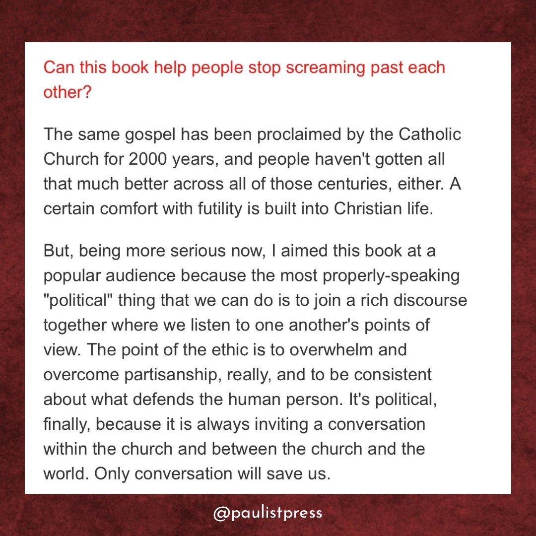 PAULISTPRESS's tweet photo. We are so excited to share this Q&amp;A with all of you and hope you enjoy it as you read! 2/2 
•
•
•
#paulistpress #pw #publishersweekly #authorinterview #stevenmillies #cathygrossman #consistentethicoflife https://t.co/pGmQEtv1he