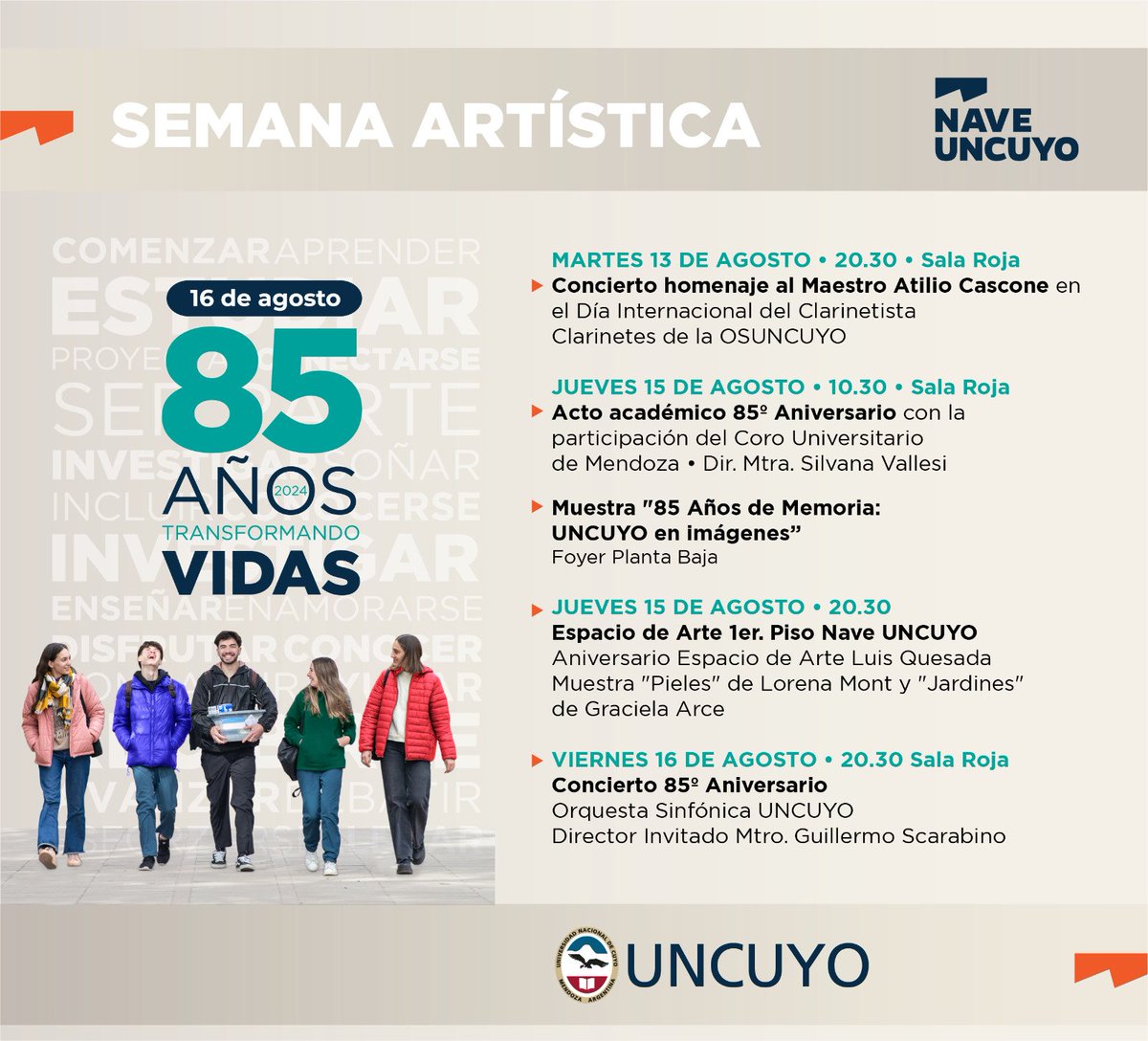 ¡La #UNCUYO está de festejo! 🥳

Cumplimos 85 años transformando vidas  👨🏼‍🎓🫂✨ 

Por eso, te invitamos a que seas parte de la semana artística de la #NaveUNCUYO.

#UNCUYO #SomosMás