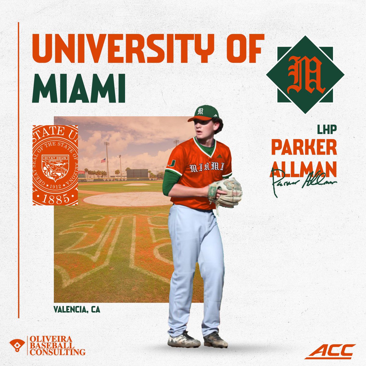 OBC_Recruits's tweet photo. Congrats to Parker Allman on his commitment to the University of Miami. The Hurricanes went across the country to bring one of the top arms in the class to Coral Gables. Fired up for the Allmans! #TheU 🙌 #GoCanes #ACC #Committed #OBC https://t.co/qXVwNBiXG5