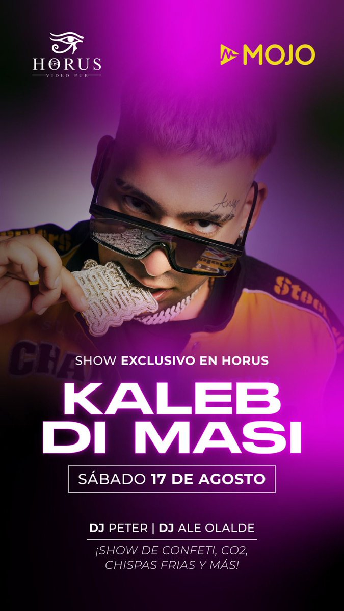 Recta final para lo que va a ser una noche épica en Horus!! 

Llega este sábado a Horus, la presentación en vivo de “KALEB DI MASI”🔥🔥🔥!! 

🎫Las entradas son limitadas!! 
Conseguilas en nuestros puntos de venta o al 2395423430.