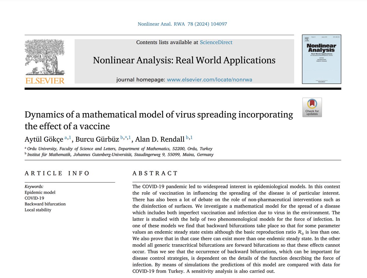 brcznh's tweet image. Our paper has now been published in August Volume 78, Nonlinear Analysis: Real World Applications. #appliedanalysis #nonlineardynamics #diseasemodeling #stabilityanalysis #backwardbifurcation #numericalanalysis
sciencedirect.com/science/articl…