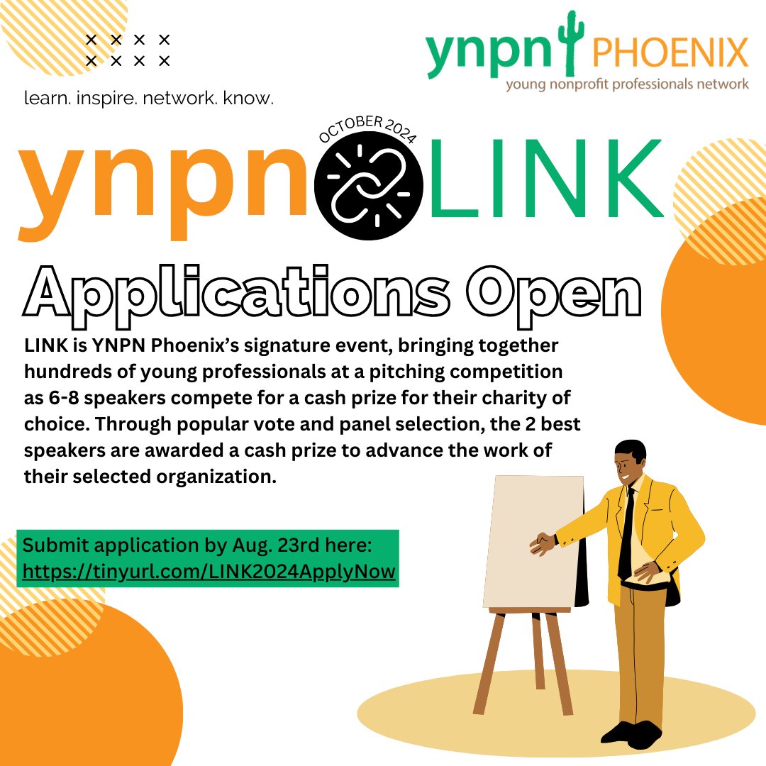 🌟 <a href="/ynpnPHX/">YNPN Phoenix</a> is still accepting applications for LINK!🌟 6-8 #nonprofit professionals will pitch their cause, competing for a cash prize for their charity of choice.

Apply here: zurl.co/Pjct 

#PhoenixAZ #Networking #NonprofitLeaders #ProfesisonalDevelopment