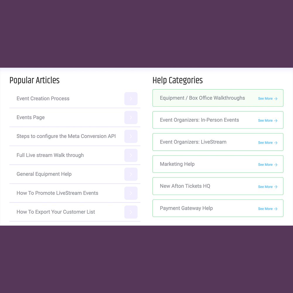 AftonTickets's tweet image. Building up a robust Help Center for your clients is a key part of Customer Service! Here at Afton Tickets we are happy to provide so many help articles , walkthroughs and tutorial videos for our clients. #aftontickets #helpcenter