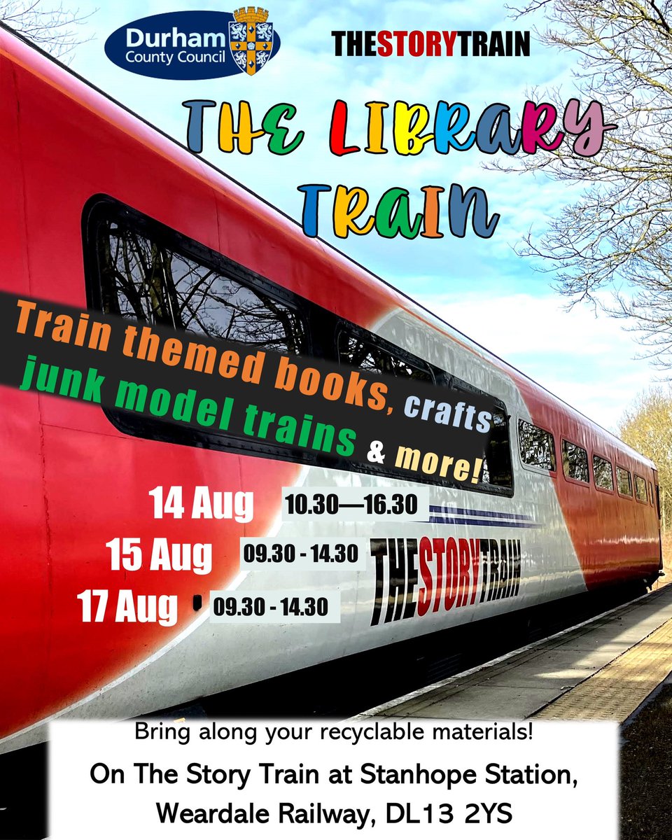 StoryTrain2025's tweet photo. Coming up this week on Wed, Thurs &amp; Saturday at Stanhope Station, @WeardaleRailway

Come visit ‘The Library Train’ where you can discover books about trains &amp; create your own junk model train! 

FREE activity as part of @DurhamCouncil Durham Libraries Summer Activity Programme. https://t.co/ZHn3CdbDEe
