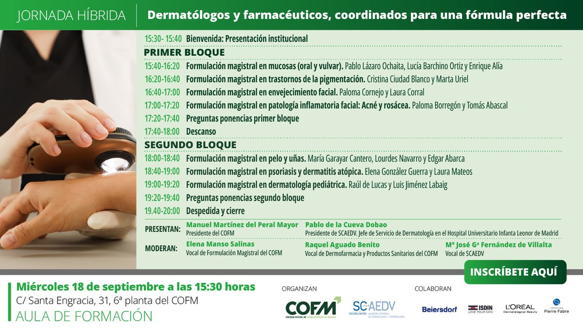 Recuerda: el 18 de sept. celebraremos, junto a <a href="/SCAEDV/">SC- AEDV</a>, la sesión “Dermatólogos y farmacéuticos, coordinados para una fórmula perfecta”. ¡Conoce el programa y a nuestros ponentes!
🔗bit.ly/formulaperfect…
(Formato presencial y online). 
#FormaciónCOFM
<a href="/Farmacosmetica1/">Raquel Aguado</a>