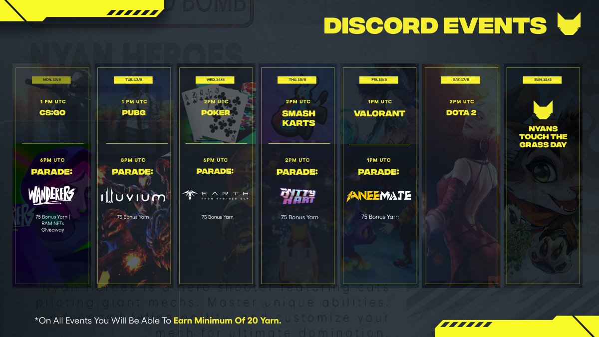 The Travelling Carnival 🧶 is back &amp; it's PAW-some! 🐾

This weeks line-up is 🔥
♊ <a href="/illuviumio/">Illuvium</a> 🌌 @PlayEFAS 🏎️ <a href="/KittyKartRacing/">KittyKart (💙,🧡)</a> 🟨 <a href="/playaneemate/">AneeMate</a>
And it all starts w/ <a href="/Wanderers/">Wanderers</a> game night right-meow!

Don't miss them! See you in Discord. 😼