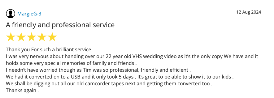 A simple transfer of a VHS tape to USB and a she left me a fab 5 star review. Don't delay, preserve your memories today!  #LichfieldLocal