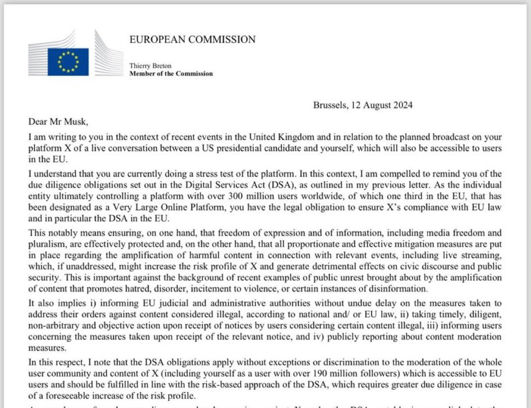BREAKING: The European Union has issued a formal letter to Elon Musk, demanding that he censor Donald Trump in their upcoming interview. 

The EU warns of "legal obligations" if Musk does not take action to prevent the spread of "disinformation."