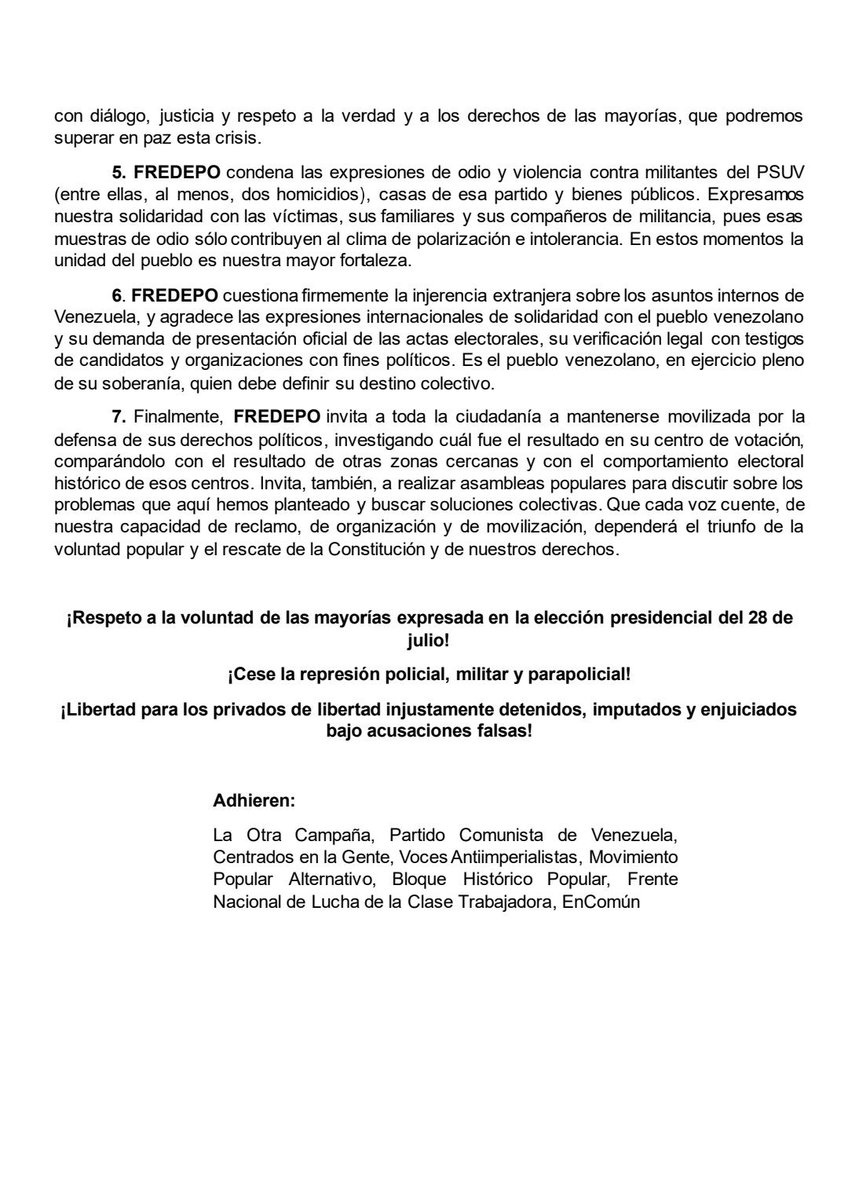DECLARACIÓN FRENTE DEMOCRÁTICO POPULAR
Sobre la necesidad de su creación y reunificación de distintas corrientes en beneficio del país y la crisis institucional motivada al tratamiento errático de las elecciones 28J