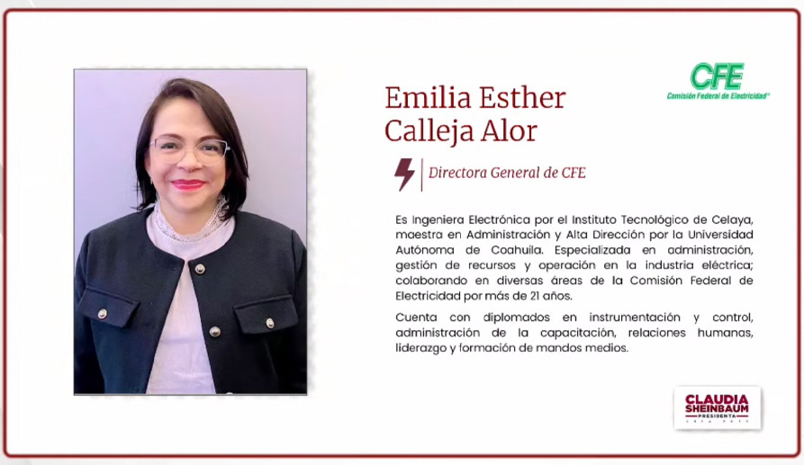 #ÚltimoMinuto La virtual presidenta <a href="/Claudiashein/">Claudia Sheinbaum Pardo</a> designa a Emilia Esther Calleja Alor como titular de la <a href="/CFEmx/">CFEmx</a>, siendo la primera mujer en ocupar el cargo.