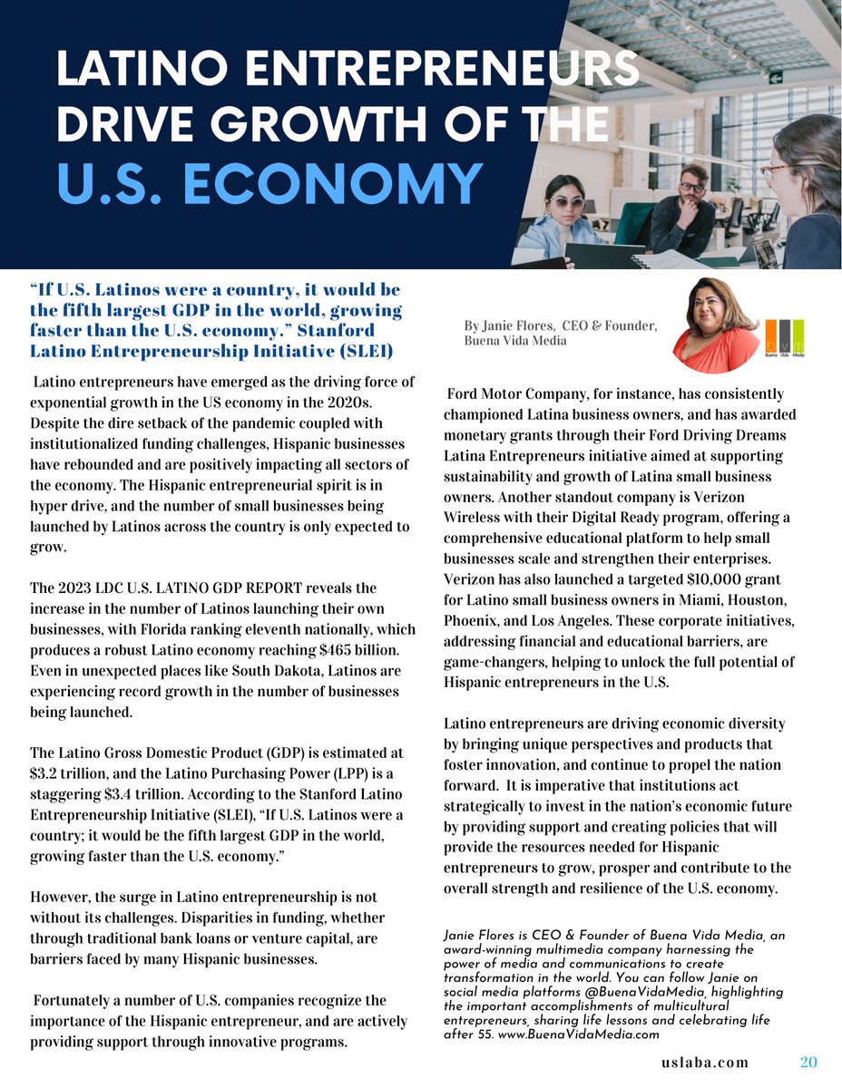 Latino Entrepreneurs Drive Growth of the U.S. Economy 

“If U.S. Latinos were a country, it would be the fifth largest GDP in the world, growing faster than the U.S. economy.” Stanford Latino Entrepreneurship Initiative (SLEI)

Article in LABA JOURNAL MAGAZINE Spring 2024 edition