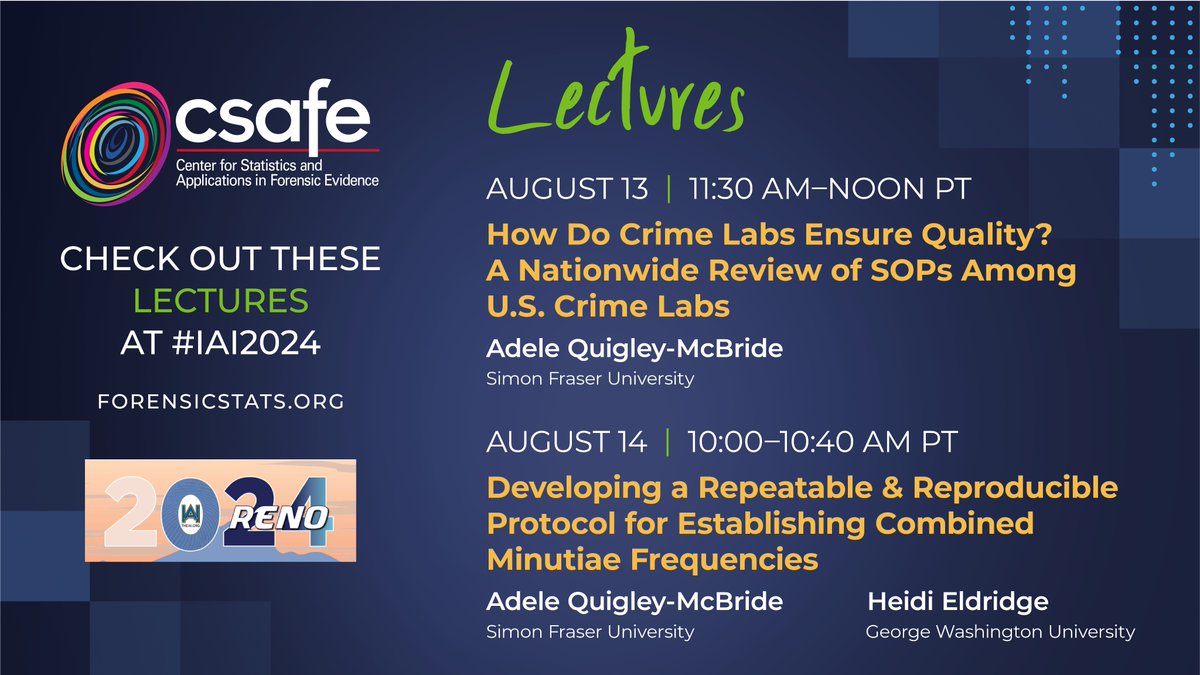 CSAFE_CoE's tweet image. Still deciding which lectures to attend during #IAI2024?
Check out these lectures from CSAFE Researchers:
— A Nationwide Review of SOPs Among U.S. Crime Labs
— Developing a Repeatable &amp;amp; Reproducible Protocol for Establishing Combined Minutiae Frequencies
forensicstats.org/news-posts/csa…