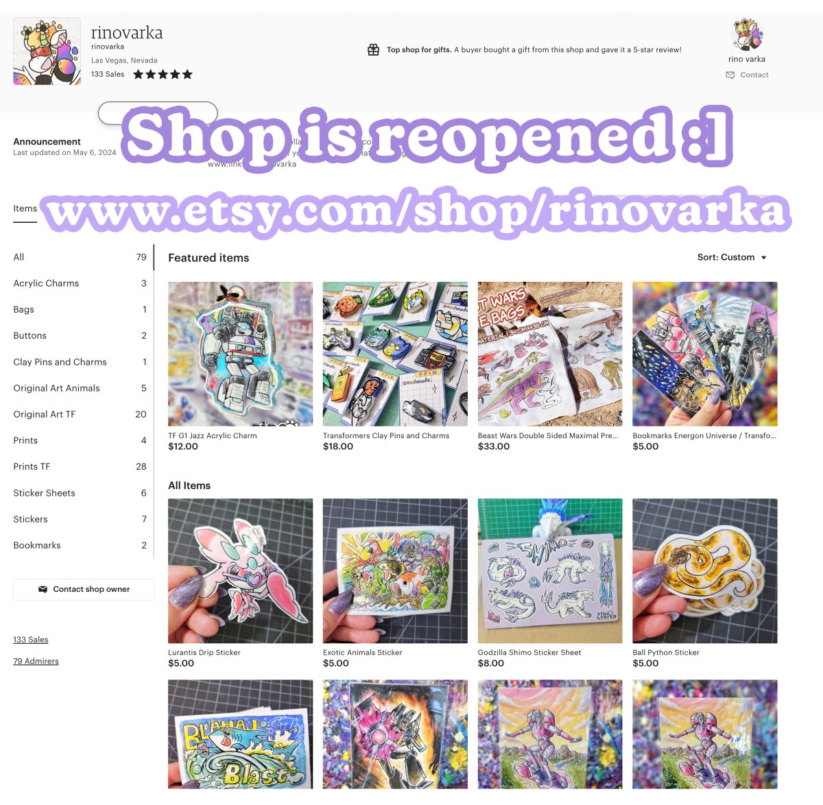🌻 Finaaallyyy got my lil online art shop back on!
🖌️ Art of Transformers, Pokemon, critters, and other media and amounts to come (eventually!) 
💫etsy.com/shop/rinovarka