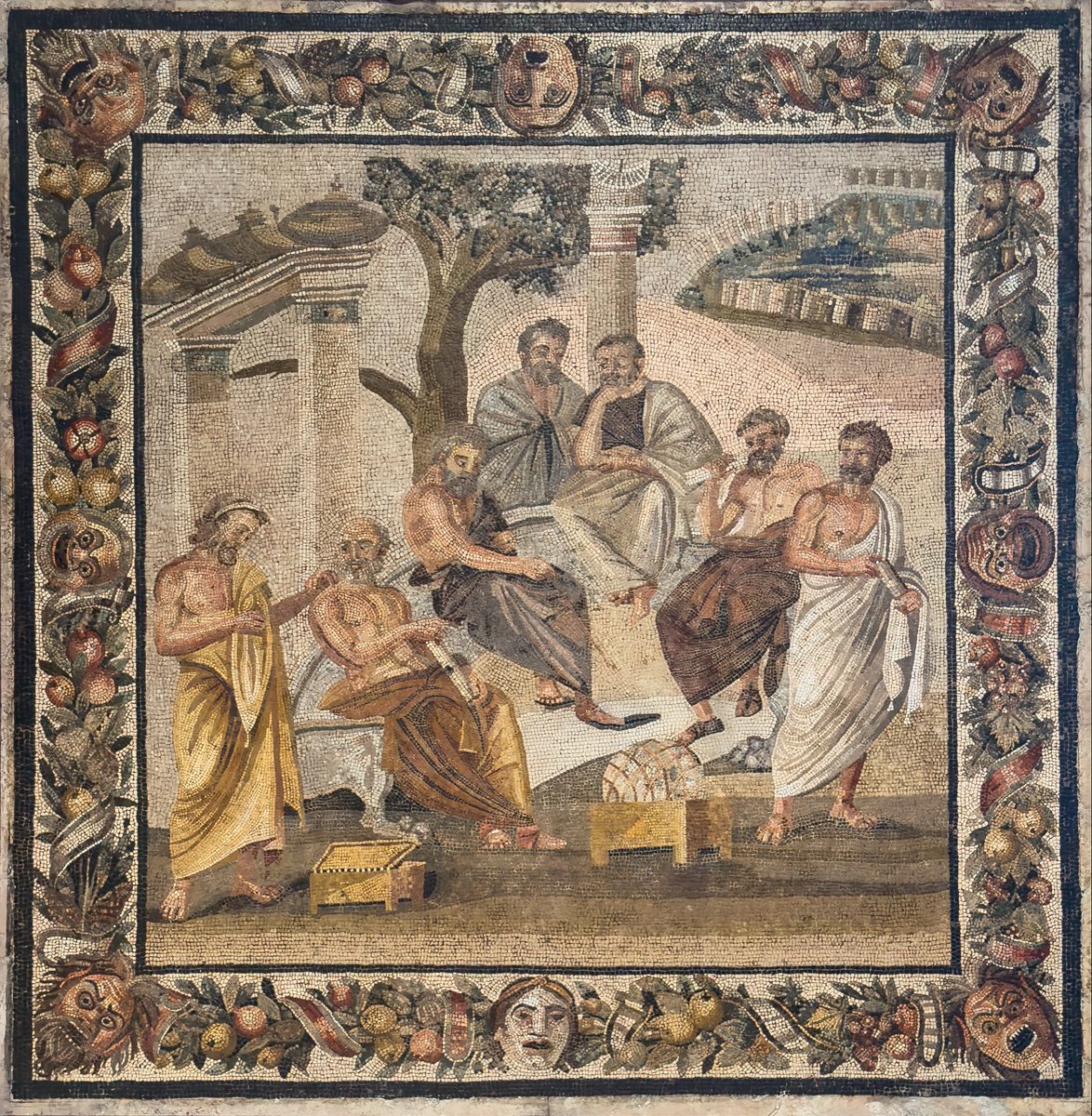chapps's tweet photo. For #MosaicMonday, the‘Plato’s Academy’ mosaic from the villa of T. Siminius Stephanus, outside the Porta del Vesuvio gate, #Pompeii. It shows seven Greek philosophers identifiable by the symbols of their science. *Much* debate about who’s who. 1/
#MANNapoli #archaeology
📸 me https://t.co/T7ifUIUTgt