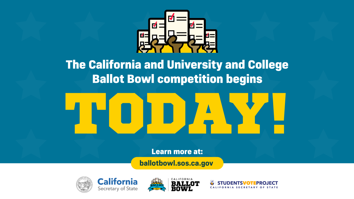 CASOSVote's tweet photo. ๐Attention California Colleges and Universities!
The #2024BallotBowl begins today!
Register to #vote or update your registration using the college student voter registration link: https://t.co/mjZ7x4qqSY
#CAStudentsVoteProject #CAElection2024 https://t.co/VRT9zqeZ82