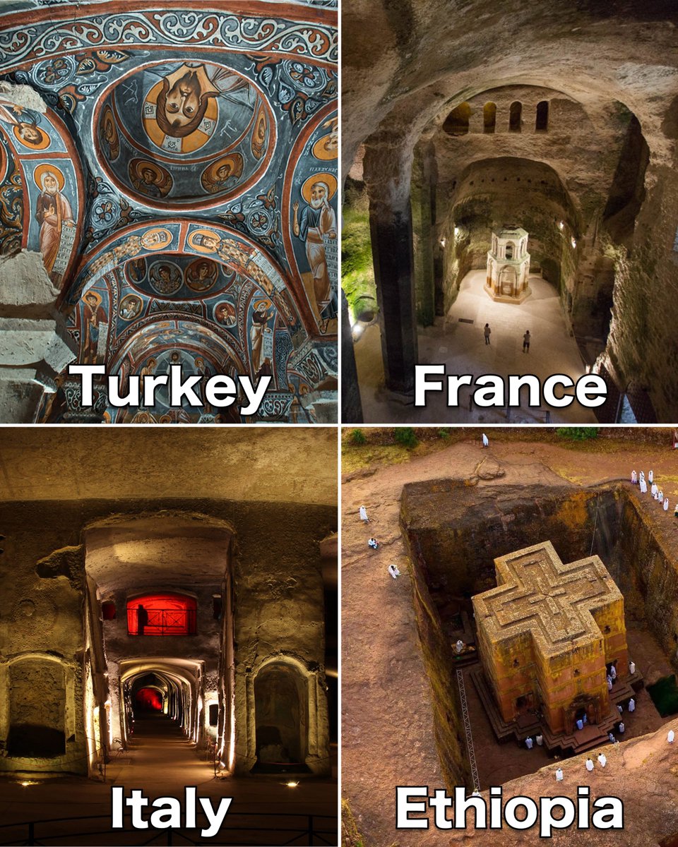 For much of its history, Christianity was forced to convene in secret.

So, Christians carved breathtaking churches — or entire cities — deep below ground.

What they built can be hard to believe... (thread) 🧵