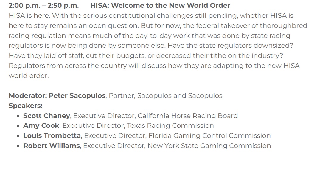 EquineInfoEx's tweet image. The Racing &amp;amp; Gaming Conference has started in #Saratoga HISA: Welcome to the New World Order moderated by attorney Peter J. Sacopulos #RGCS #RacingGamingConfrenceSaratoga #horseracing #safety @SpectrumGamingG