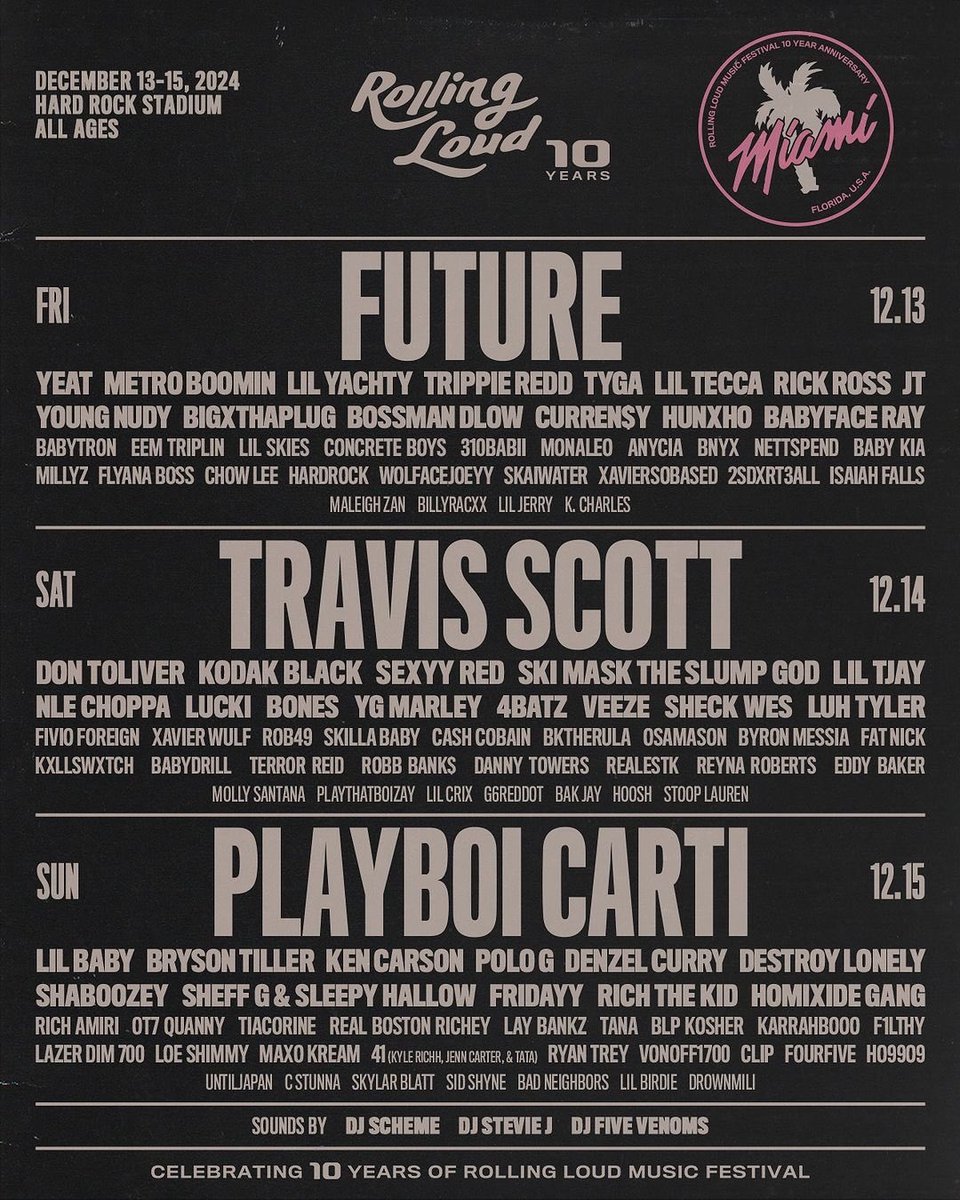 EMPIRE (@empire) on Twitter photo EMPIRE x Rolling Loud Miami ‘24 🌴
FRIDAY 12/13
-<a href="/Tyga/">T-Raww</a>
-<a href="/babyfaceray/">The Wave</a>
-<a href="/_babytron/">TRONČIĆ</a>
-<a href="/310_Babii/">310babii</a>
-<a href="/thankschow/">CHOW LEE 🥢</a>
SATURDAY 12/14
-<a href="/TeamSESH/">BONES</a>
-<a href="/FLAWLESSLUCKI/">.</a>
-<a href="/XavierWulf/">Dragon Fang</a>
-<a href="/_FatNick/">The Real Fat Nick</a>
-<a href="/kxllswxtch/">KXLL</a>
-<a href="/DannyTowerss/">Danny Towers</a>
-<a href="/TheReynaRoberts/">Reyna Roberts</a>
-#Hoosh
SUNDAY 12/15
-<a href="/ShaboozeysJeans/">Shaboozey</a>
Sound EMPIRE x Rolling Loud Miami ‘24 🌴
FRIDAY 12/13
-<a href="/Tyga/">T-Raww</a>
-<a href="/babyfaceray/">The Wave</a>
-<a href="/_babytron/">TRONČIĆ</a>
-<a href="/310_Babii/">310babii</a>
-<a href="/thankschow/">CHOW LEE 🥢</a>
SATURDAY 12/14
-<a href="/TeamSESH/">BONES</a>
-<a href="/FLAWLESSLUCKI/">.</a>
-<a href="/XavierWulf/">Dragon Fang</a>
-<a href="/_FatNick/">The Real Fat Nick</a>
-<a href="/kxllswxtch/">KXLL</a>
-<a href="/DannyTowerss/">Danny Towers</a>
-<a href="/TheReynaRoberts/">Reyna Roberts</a>
-#Hoosh
SUNDAY 12/15
-<a href="/ShaboozeysJeans/">Shaboozey</a>
Sound