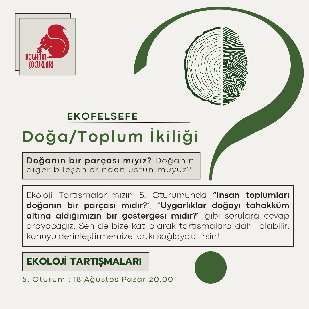 Yaz Dönemi Ekoloji Tartışmaları'nın 5. Oturumunda "Doğa/Toplum İkiliği"ni tartışıyoruz! ☀️

"İnsan toplumları hala doğanın bir parçası mıdır?" gibi soruları tartışacağımız bu oturuma sen de katılabilirsin! 👇

🗓️: 18 Ağustos 20.00 

Kayıt formu: docs.google.com/forms/d/e/1FAI…