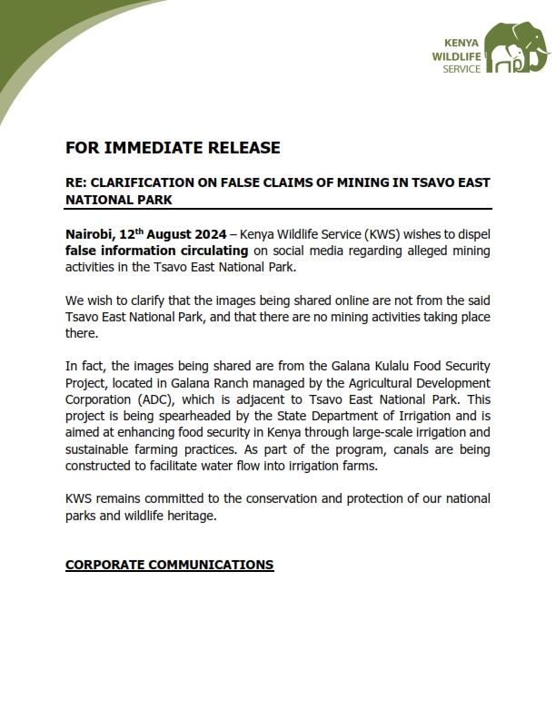 KWSKenya's tweet image. 𝐏𝐑𝐄𝐒𝐒 𝐑𝐄𝐋𝐄𝐀𝐒𝐄: 𝐂𝐋𝐀𝐑𝐈𝐅𝐈𝐂𝐀𝐓𝐈𝐎𝐍 𝐎𝐍 𝐅𝐀𝐋𝐒𝐄 𝐂𝐋𝐀𝐈𝐌𝐒 𝐎𝐅 𝐌𝐈𝐍𝐈𝐍𝐆 𝐈𝐍 𝐓𝐒𝐀𝐕𝐎 𝐄𝐀𝐒𝐓 𝐍𝐀𝐓𝐈𝐎𝐍𝐀𝐋 𝐏𝐀𝐑𝐊