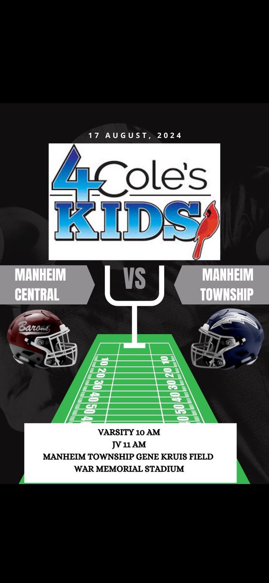 A great cause paired with some great preseason football.  This Saturday,  10 AM!
#4ColesKids
#PUSH
#BaronsFootball
#BlueStreaksFootball