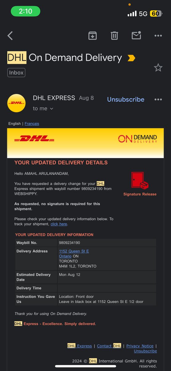 DrAWho's tweet photo. @DHLCanadaHelp what the hell?  I requested no signature required for a delivery I needed today, and the courier didn’t deliver, citing signature needed. https://t.co/v1C4MR8Te7